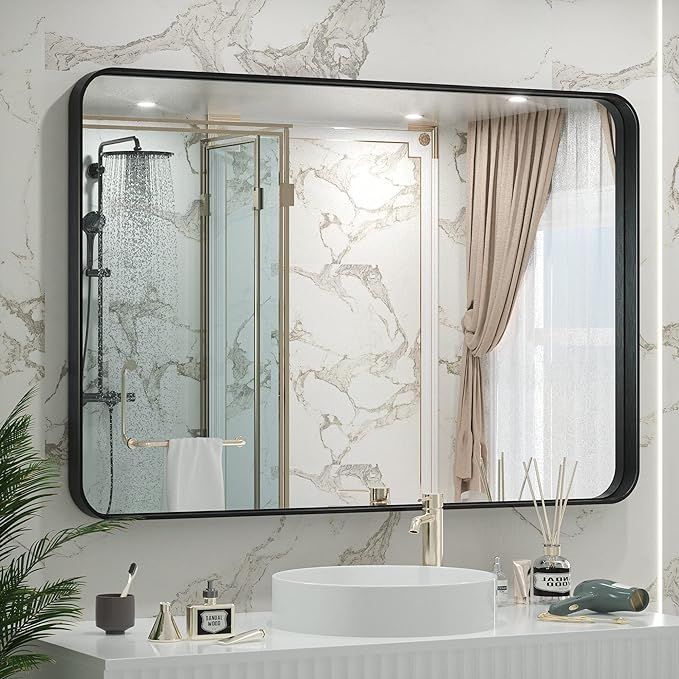 TETOTE 40x30 Inch Black Frame Mirror, Bathroom Vanity Mirror for Wall, Modern Rectangle Round Cor... | Amazon (US)