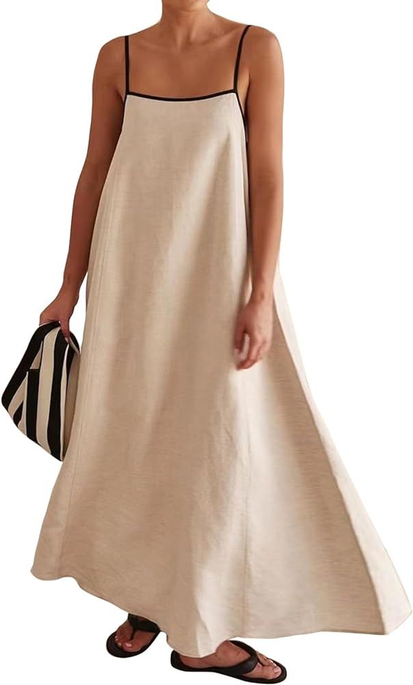 BQDCQB Womens Linen Maxi Dress Contrast Trim Spaghetti Straps Summer Outfits Travel Vacation Slee... | Amazon (US)