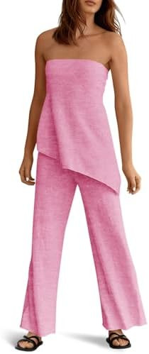 Tankaneo Womens 2 Piece Outfits Asymmetrical Tube Top Wide Leg Pants Knit Vacation Travel 2025 Ma... | Amazon (US)