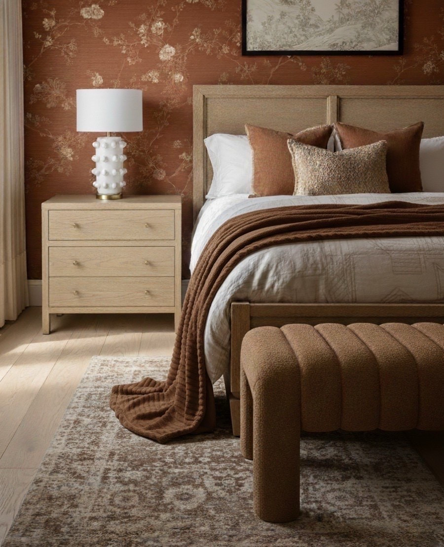 Bedroom Refresh : Shop The Look.
A rich and cozy bedroom design that radiates warmth and depth.
The terracotta floral wallpaper sets a soulful foundation, wrapping the space in color and texture. Layered with oak nightstands, caramel boucle, and soft tonal bedding, this room perfectly balances rustic warmth with modern polish.

Touches of ivory and brass — from the sculptural lamp to the woven rug beneath — add lightness and sophistication, while tonal pillows and a ribbed bench ground the palette in timeless comfort.

#LTKhome #LTKstyletip #LTKsale