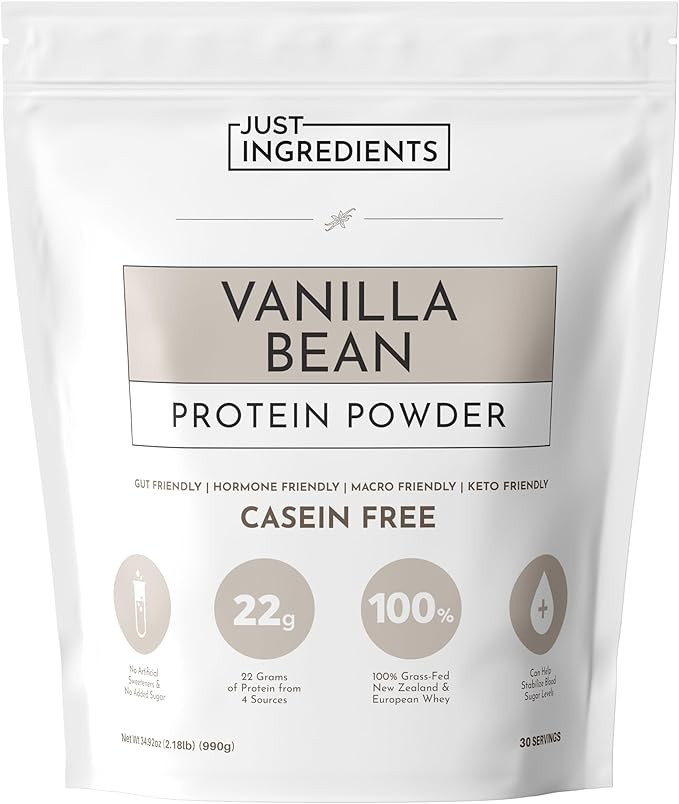 JUST INGREDIENTS Vanilla Bean Protein Powder – 30-Serving Blend with 100% Grass-Fed Whey & Orga... | Amazon (US)