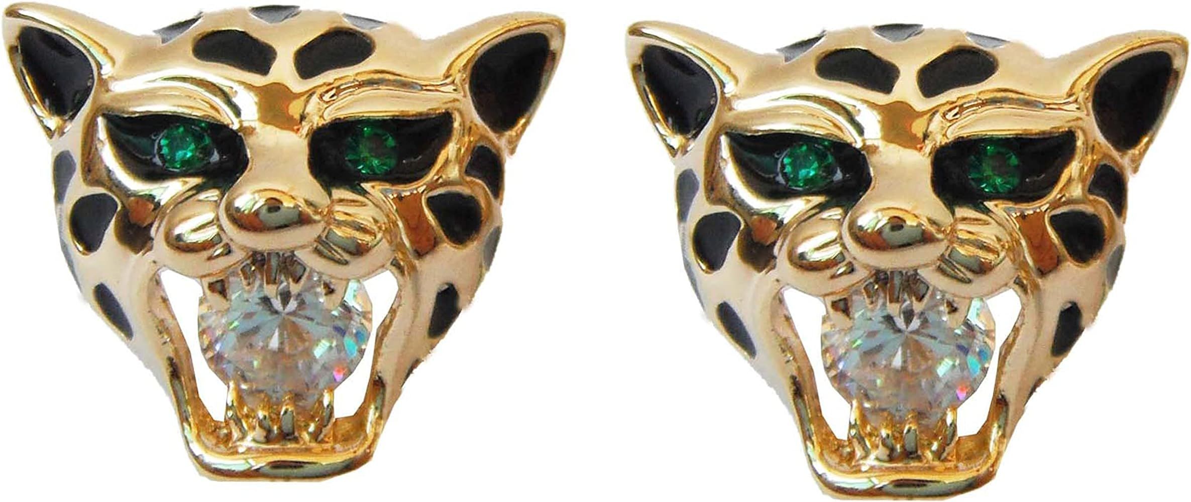 Navachi 18k Gold Plated White Crystal Zircon Leopard Tiger Head Black Enamel Ear Stud Earrings | Amazon (US)