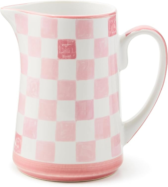 MACKENZIE-CHILDS Stoneware Pitcher with Spout, Decorative Drink Pitcher, 1.75 Quarts, Pink Check | Amazon (US)