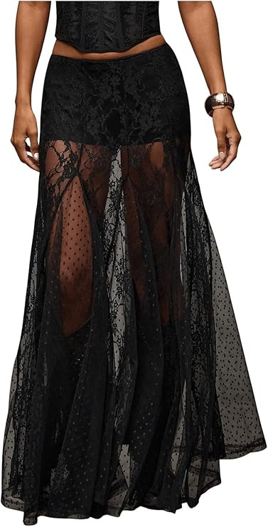WDIRARA Women's Sexy See Through Sheer Lace Maxi Skirt Low Waist Ruffle Hem A Line Flowy Skirt | Amazon (US)