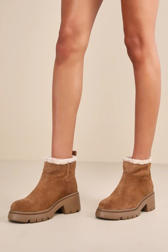 Hatcher Chestnut Suede Leather Faux Fur Lug Sole Ankle Boots | Lulus (US)