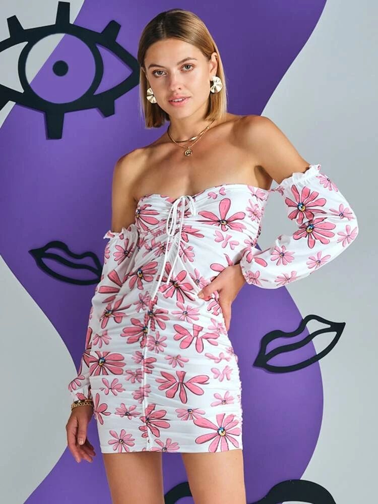 SHEIN X Donna Adi Off Shoulder Drawstring Ruched Floral Print Dress | SHEIN