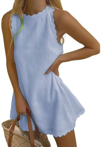 Women's Summer Linen Sleeveless Ruffle Trim Mini Dress Cute Halter Casual Beach Vacation Tank Dre... | Amazon (US)