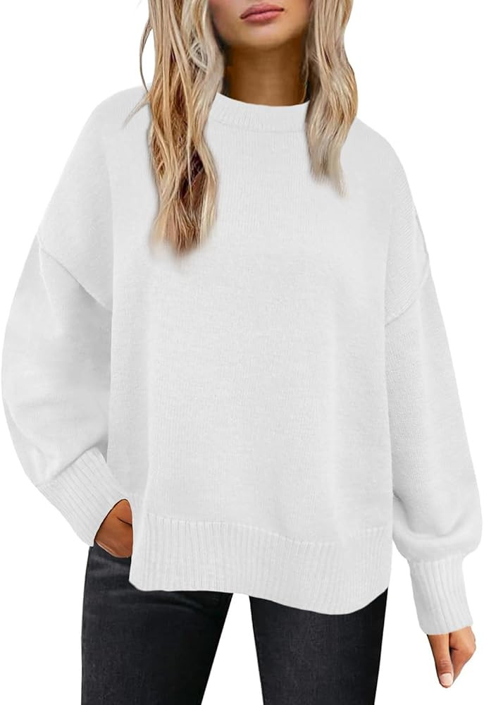 Womens Sweaters Crewneck Long Sleeve Pullover Tops Loose Fit Soft Knit Ribbed Hem Side Slit Casua... | Amazon (US)