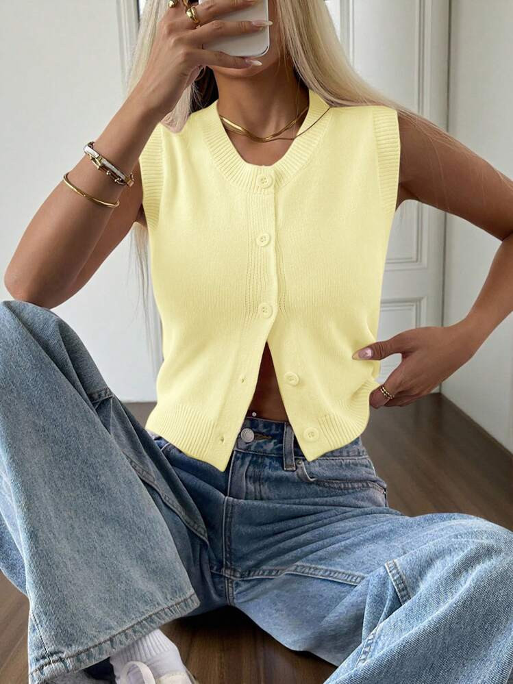 SHEIN EZwear Button-Down Casual Knit Crop Vest For Women In Soft Yellow Style Butter Yellow Top | SHEIN