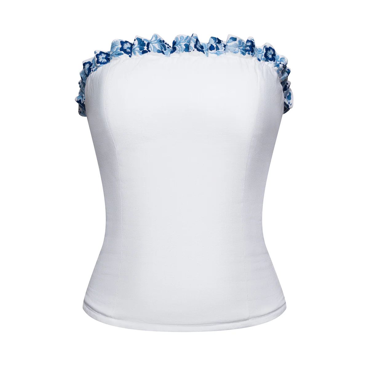 The Cristina Strapless Top in White with Blue Ruffles | La Peony Clothing