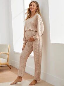 Maternity Cable Knit Drop Shoulder Top With Pants | SHEIN