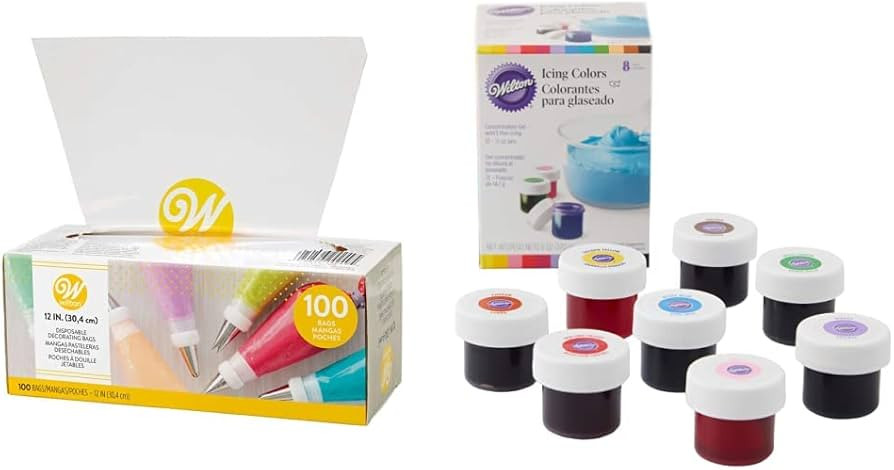 Wilton 12-Inch Disposable Cake Decorating Pastry Bags, 100-Count & Icing Colors, 8-Count Icing Co... | Amazon (US)