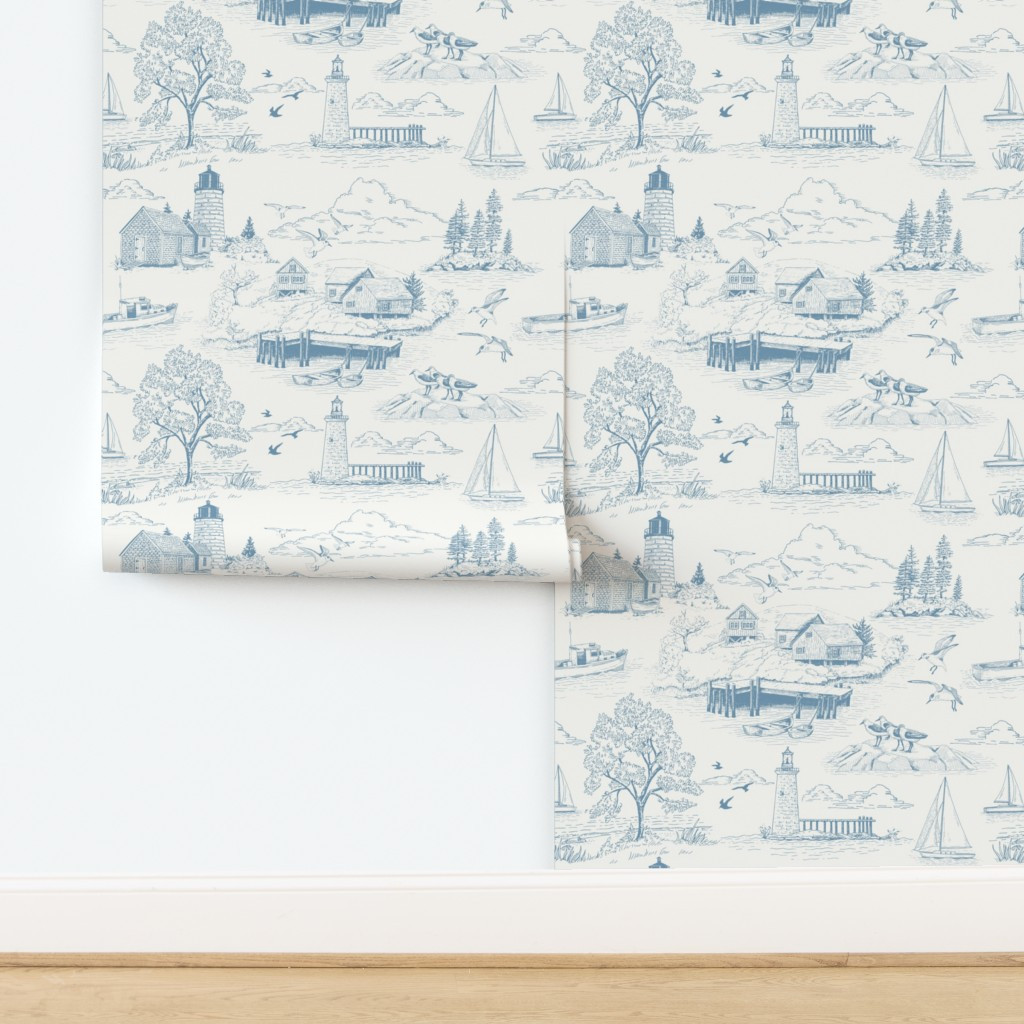 (L) Seaside Toile in Blue Wallpaper | Spoonflower | Spoonflower