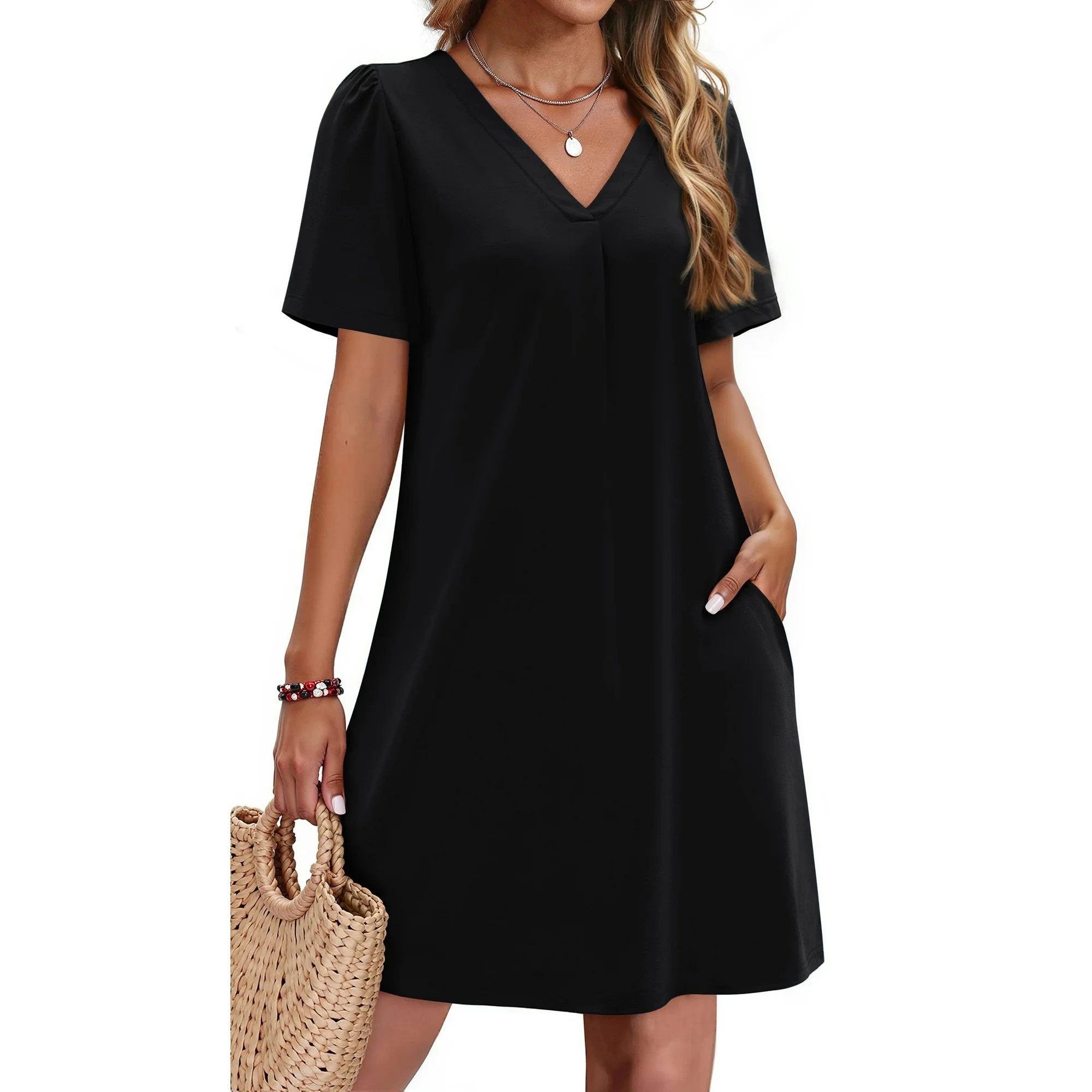 Fantaslook Summer Dresses for Women Short Sleeve V Neck Casual Shift Dress with Pockets | Walmart (US)