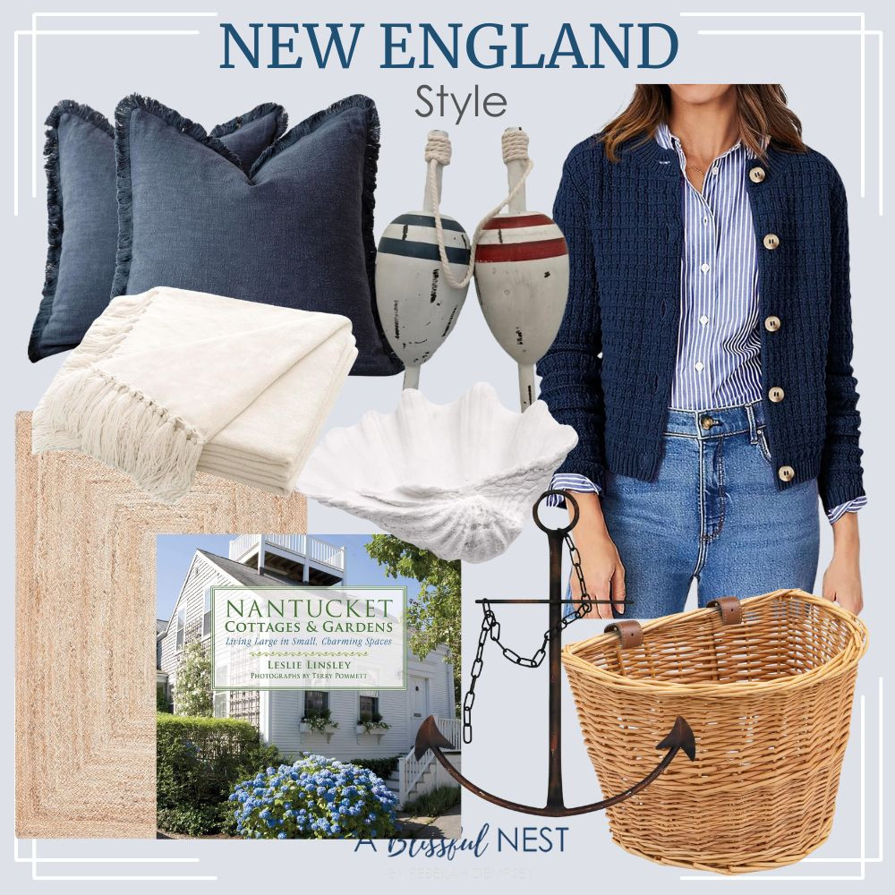 These New England style finds bring that polished coastal look to any room. Tap to shop.

linen fringe throw pillow, wooden lobster trap, knit cardigan sweaters, decorative book, blue throw blanket with fringe tassel, wicker bike basket, weave jute accent rug, seashell decorative bowl, nautical anchor wall decor. 

 #LTKHome