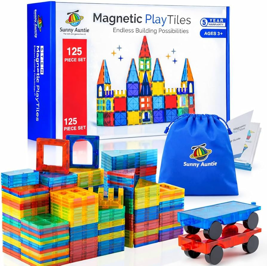 SUNNY AUNTIE Magnetic Tiles STEM Toys Building Set, Ages 3+ - 125 Pieces | Amazon (US)