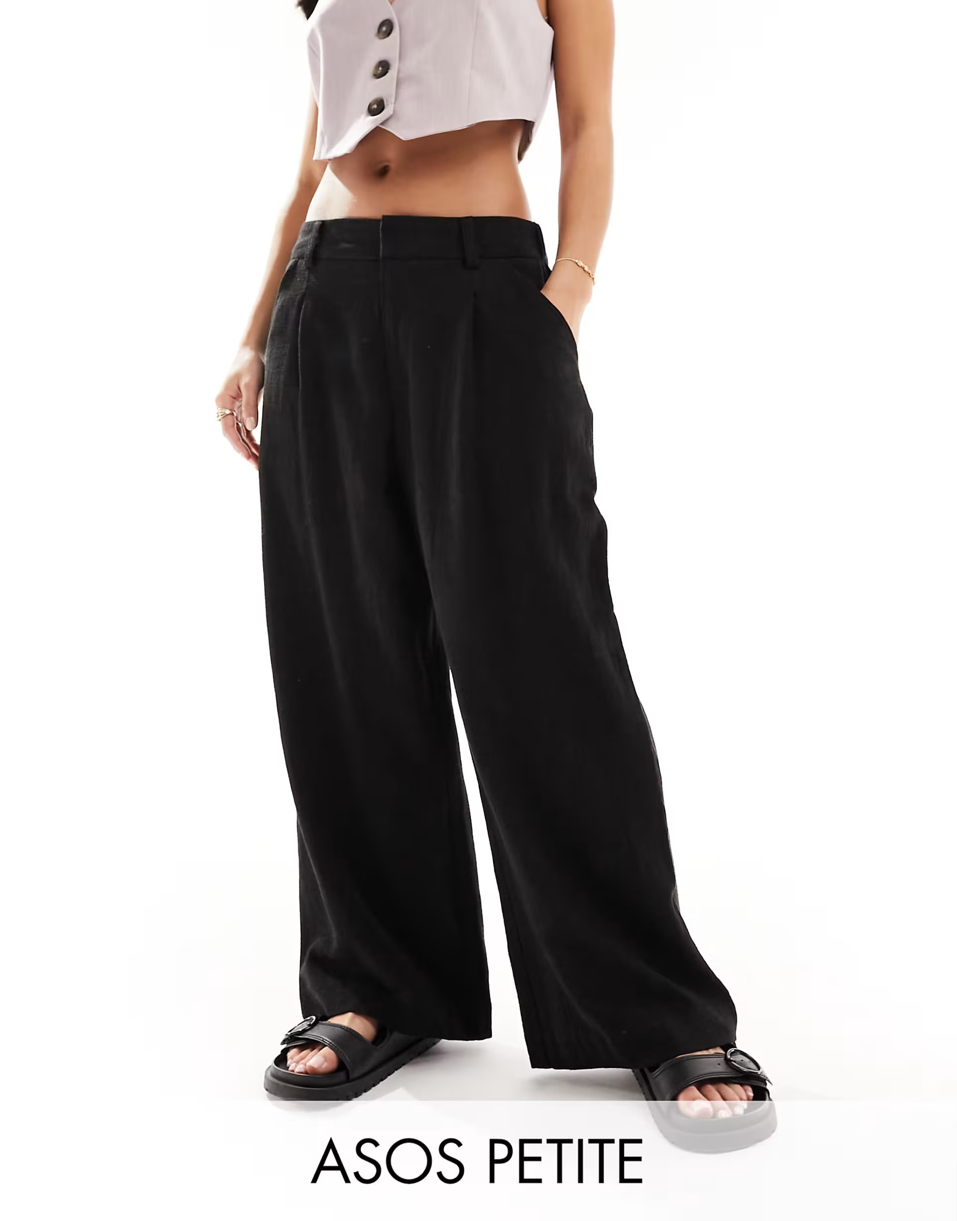 ASOS DESIGN Petite wide leg dad trouser with linen in black | ASOS (Global)