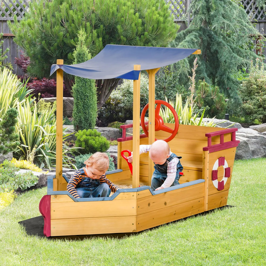Outdoor Toys | Kids Wooden Sandbox, with Canopy Bench Seat Storage Space, Aged 3-8 Year | OUTSUNN... | Debenhams UK