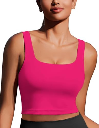 PINSPARK Hot Pink Sports Bra Padded Workout Tops for Women Built in Bra Square Neck Yoga Top Longline Tennis Workout Tank Small,Hot Pink | Amazon (US)