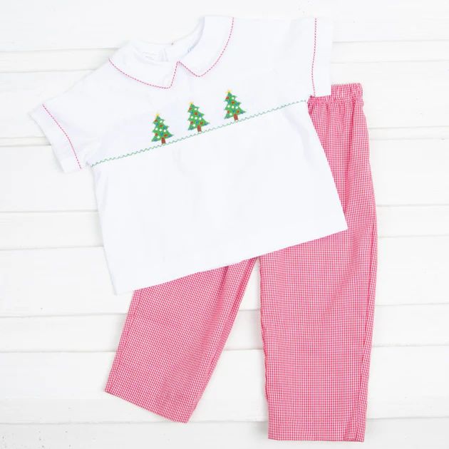 Christmas Tree Smocked Collared Pant Set White and Red Gingham | Classic Whimsy
