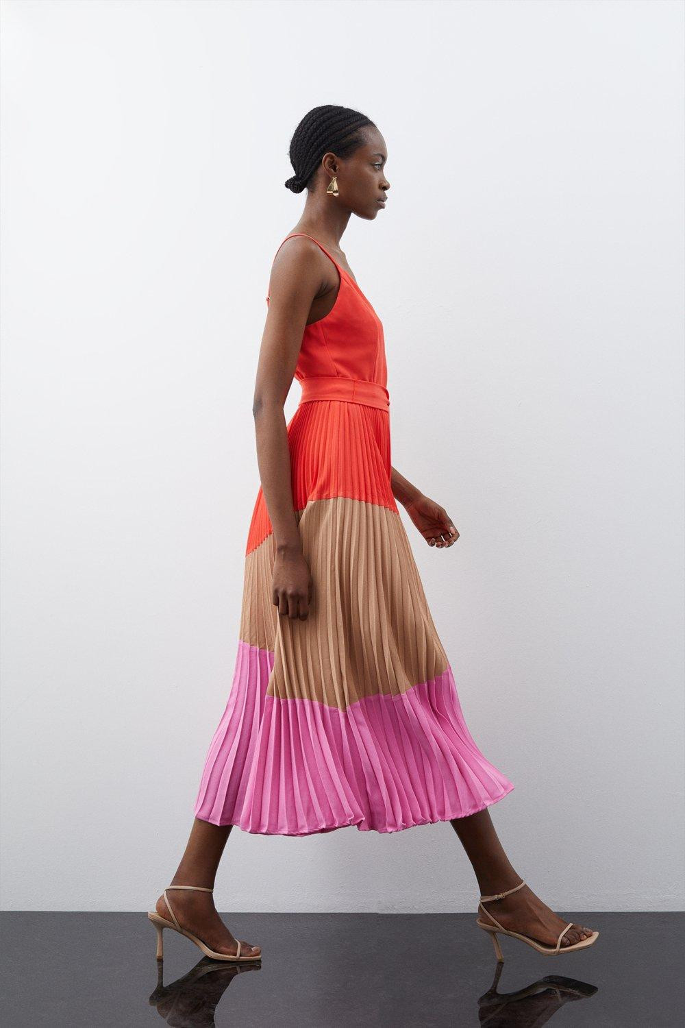 Colour Block Strappy Pleated Woven Midi Shirt Dress | Karen Millen UK + IE + DE + NL