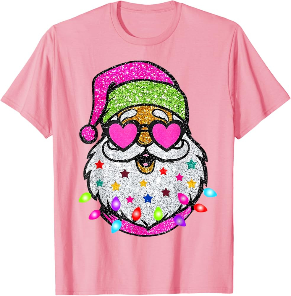 Cute Santa With Sunglasses Christmas Lights Pink Santa T-Shirt | Amazon (US)