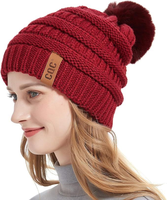 CQC Women's Winter Knit Slouchy Beanie Hat Warm Skull Ski Cap Faux Fur Pom Pom Hats | Amazon (US)
