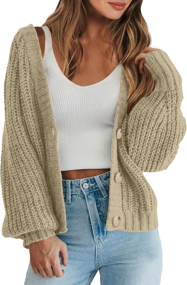Caracilia Women's Chunky Cardigans Sweaters Open Front Long Sleeve Cute Knit Button Loose Short C... | Amazon (US)