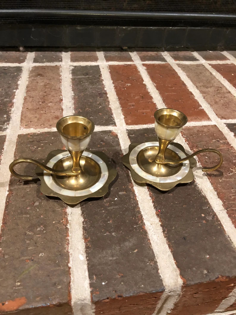 adorable pair of vintage mother of pearl chamber candlestick holders 2.75” tall 4” wide each | Etsy (US)