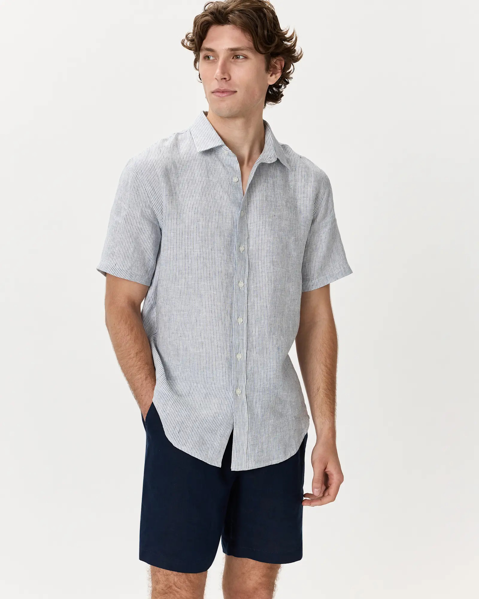 Men's 100% European Linen Short Sleeve Shirt in Blue Pinstripe | Quince