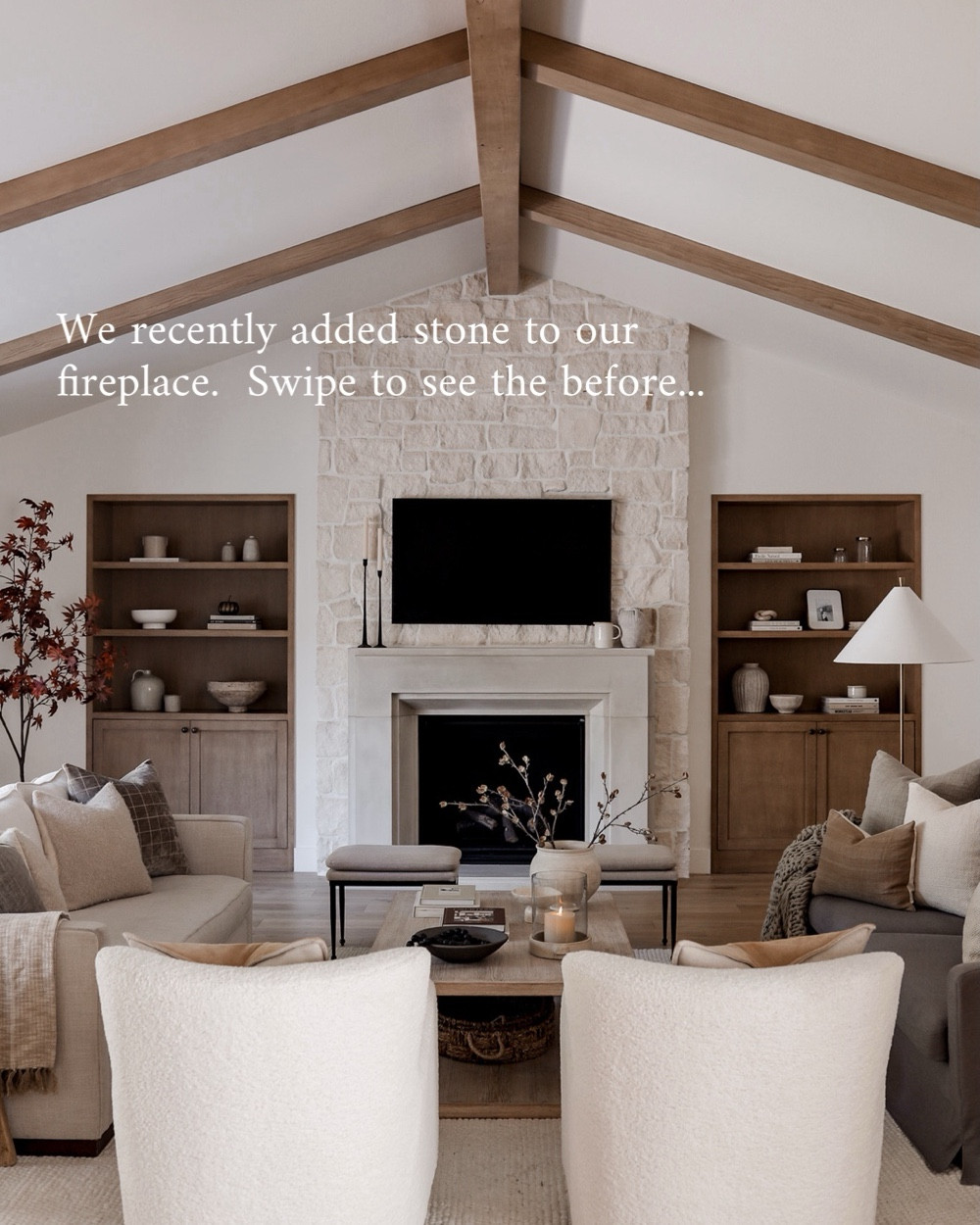 I was hesitant to add a hard finish to our fireplace because I loved the simplicity of the drywall and precast stone surround. But after living with it for a year, I decided to add some texture and warm up this space! We love how it turned out 🤍

We went with Blanco Rubble from AAA Natural Stone and finished with White on White Sanded Grout. 

#LTKHome #LTKSeasonal