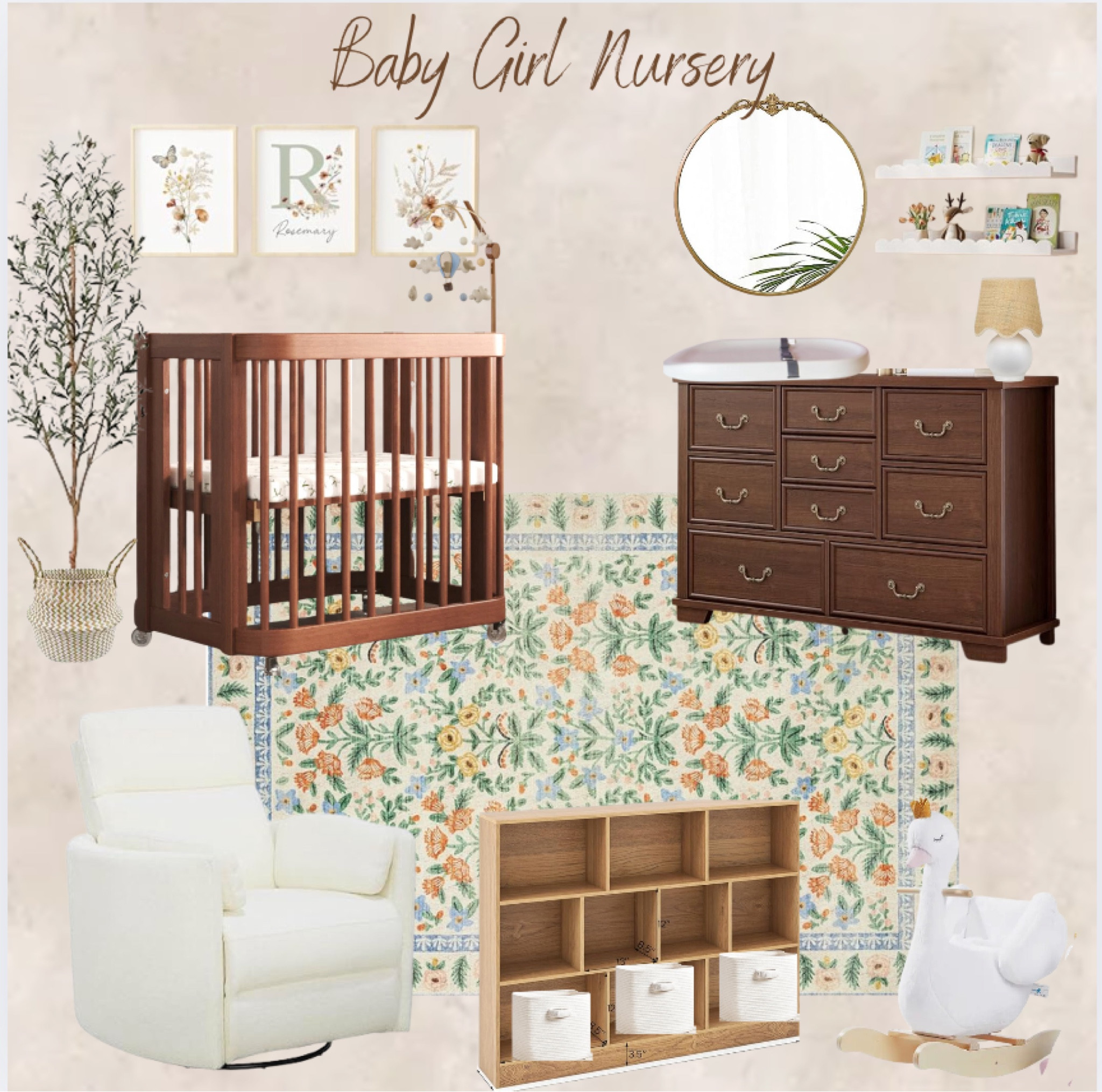 Baby Girl Nursery: crib, rug, rocking horse, dresser, recliner chair, mirror, shelves, tree