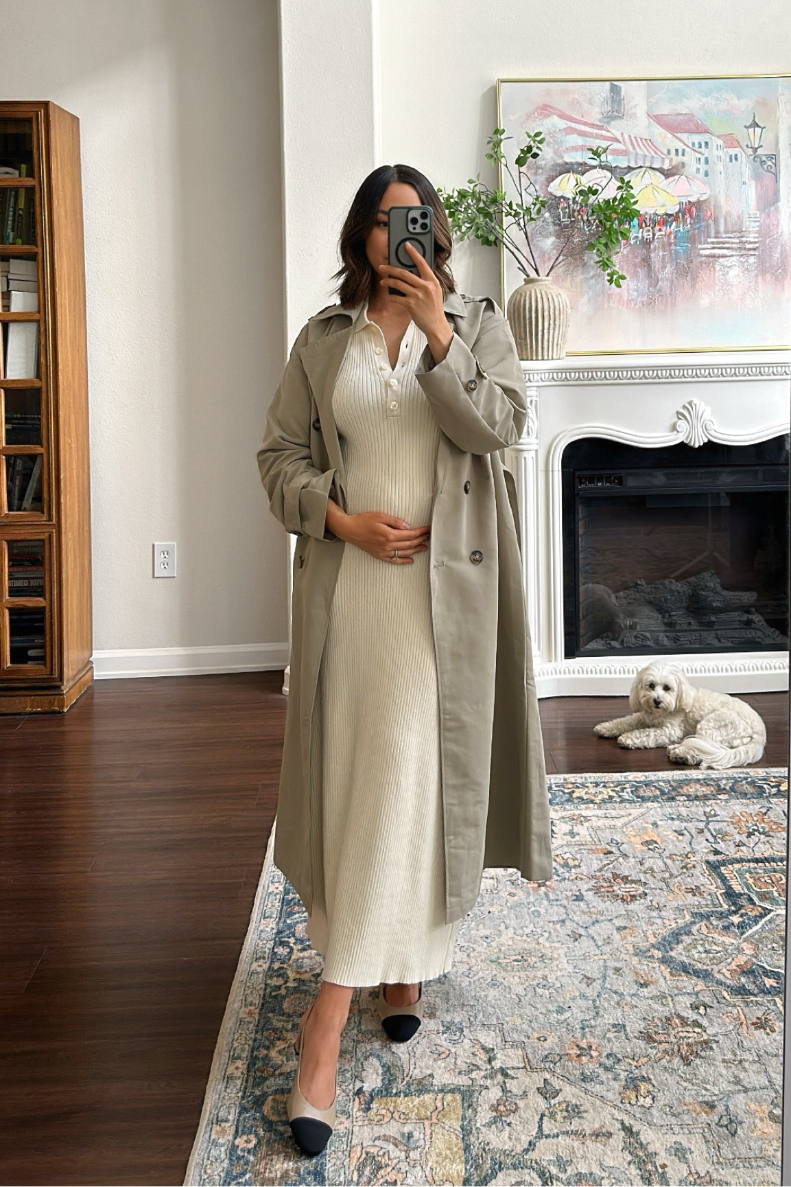 Chic layering over a sweater dress 

- trench coat xs 
- dress xs, bump-friendly, very stretchy 
- Aliz slingbacks tts, run a little narrow 

#LTKstyletip #LTKbump