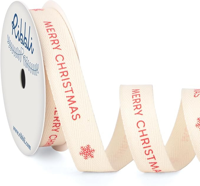 Ribbli Christmas Cotton Ribbon Natural Twill Tape Cotton with Red Merry Christmas and Snowflak Fa... | Amazon (US)