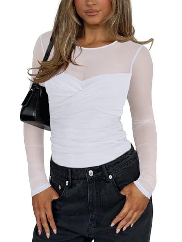 REORIA Women's Fashion Sexy Round Neck Long Sleeve Double Lined Cute Slim Fit Sheer Mesh Thong Body Suits Outfits for Going Out Bodysuit Tops White XX-Large | Amazon (US)