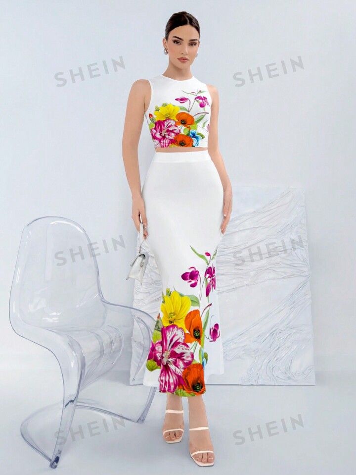 SHEIN Aloruh 2pcs Women's Floral Printed Crop Top And Mermaid Skirt Set | SHEIN