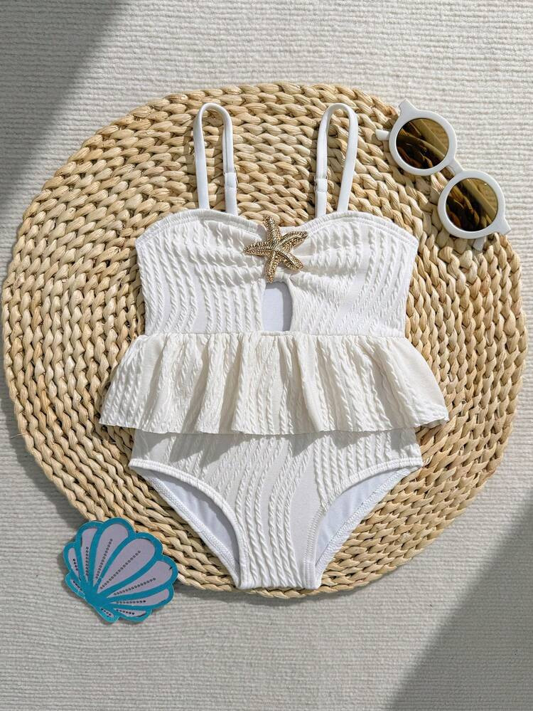 Special Texture Fabric One-Piece Baby Girl Swimsuit With Starfish Trim And Hollow Design, Suitabl... | SHEIN
