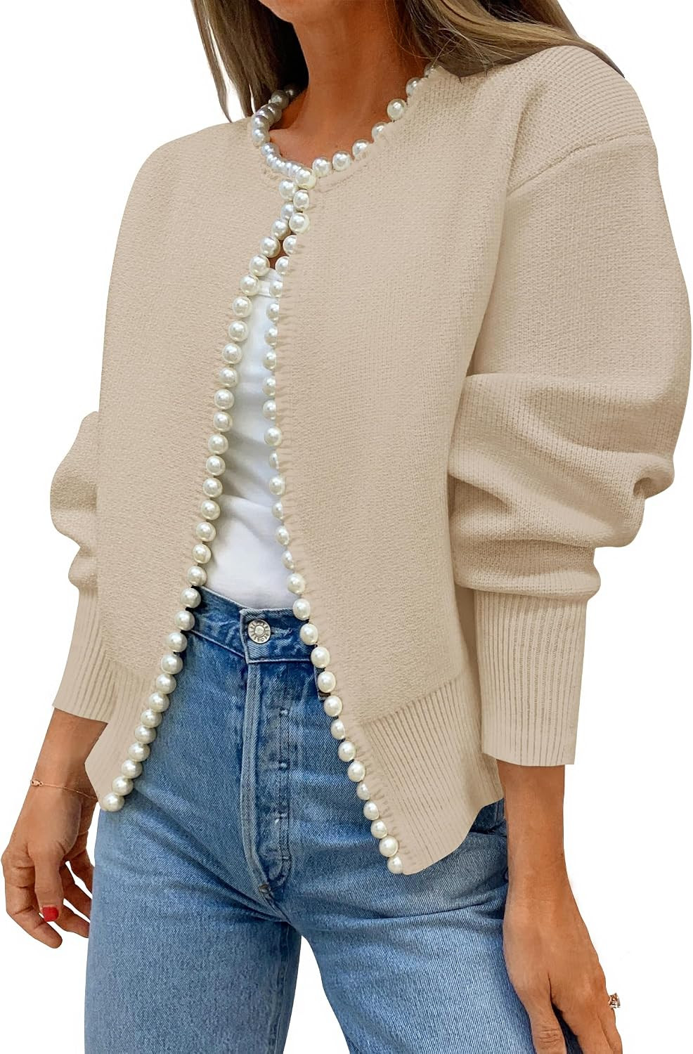 ZESICA Women's Pearls Trim Open Front Cardigan Sweater | Amazon (US)