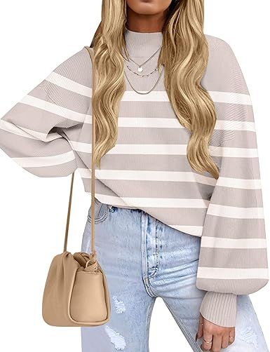 ZESICA Women's 2024 Fall Fashion Turtleneck Long Sleeve Striped Ribbed Knit Loose Pullover Sweate... | Amazon (US)