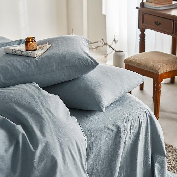 Wake In Cloud - Cotton Duvet Cover Set, Queen Size, Light Blue, 100% Washed Cotton, Linen Like Te... | Amazon (US)