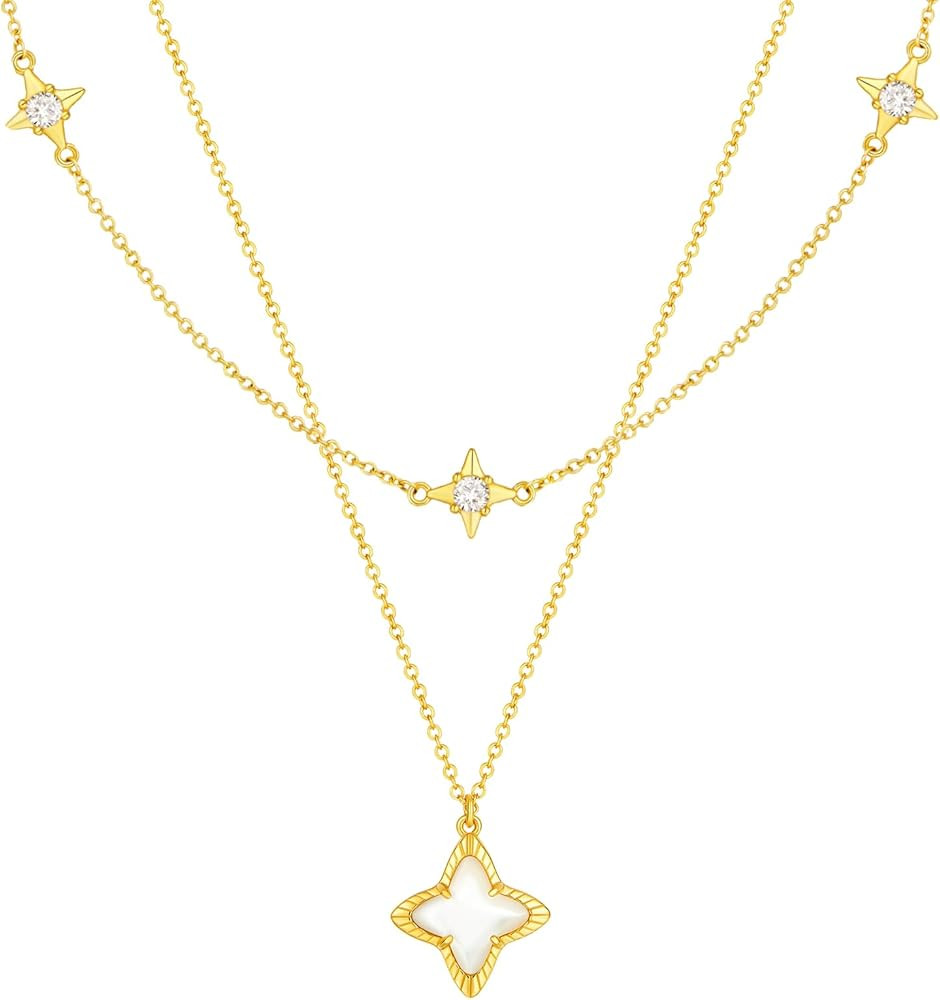 Cicy Bell Womens Four Point Star Necklace Sets Double Layer Chain 18k Gold Plated Cubic Zirconia ... | Amazon (US)