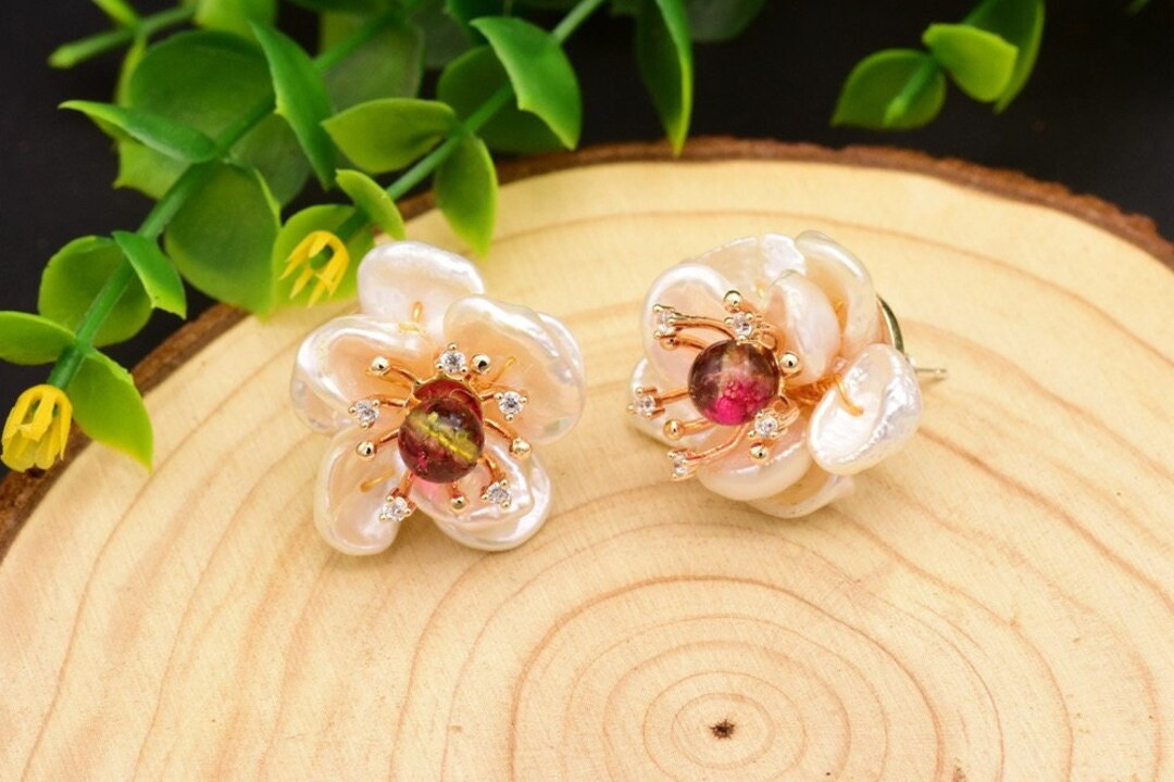 Handmade Tourmaline Natural Baroque Pearl Earring 3D Flower - Etsy | Etsy (US)