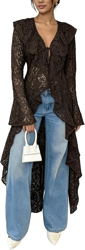 Lace Cardigan for Women Maxi Summer Lightweight Open Front Tie Bell Long Sleeve Ruffled Tops Dust... | Amazon (US)