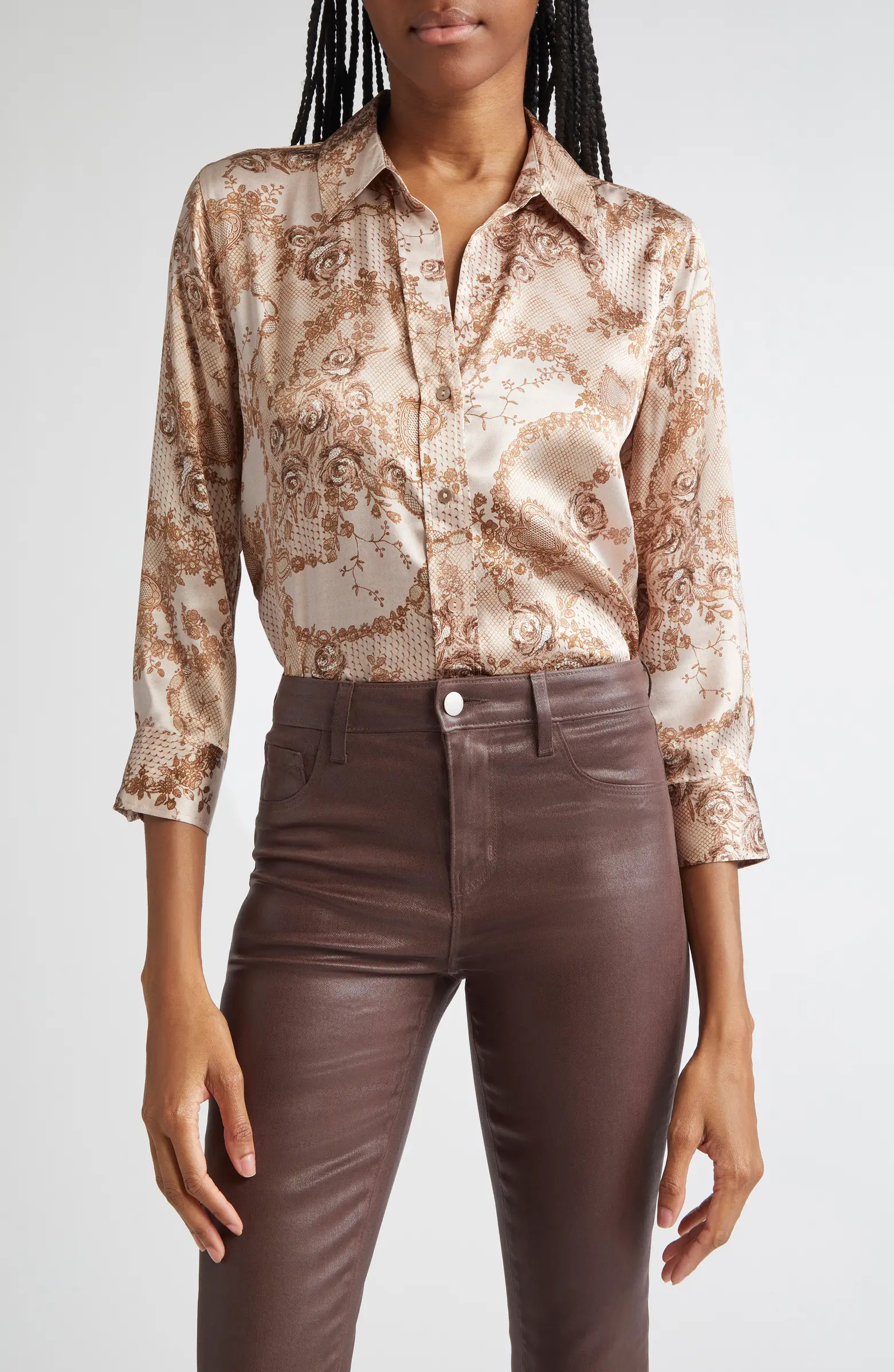 Dani Lace Print Three-Quarter Sleeve Silk Button-Up Shirt | Nordstrom