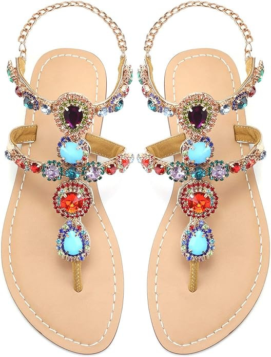 Women's Rhinestone Flat Sandals, Women Flip Flops with Clip Toe RingBeadeed Rhinestone Crystal Je... | Amazon (US)
