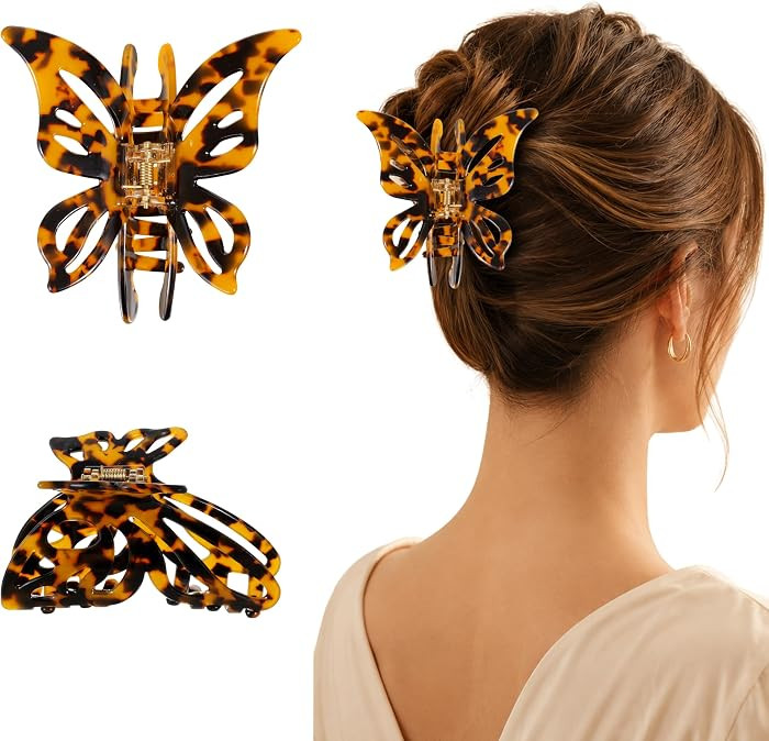 Jumbo Tortoise Shell Butterfly Hair Claw Clips for Thick Hair, 2 Pack Large 3.54 Inch Cellulose A... | Amazon (US)