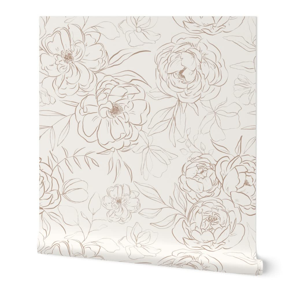 Spoonflower Removable Wallpaper 9ft x 2ft - Large Sketch Peonies Latte White Flowers Brown Floral... | Amazon (US)