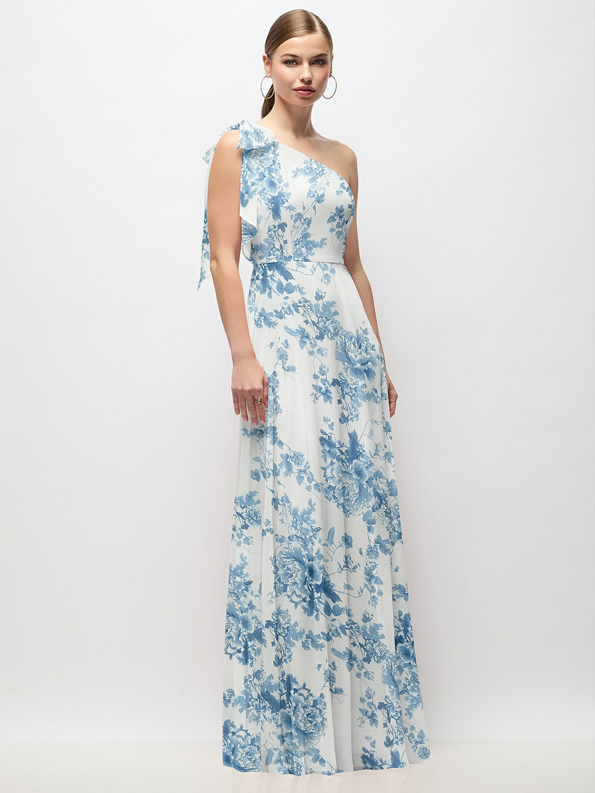 Draped One-Shoulder Maxi Dress with Scarf Bow | The Dessy Group