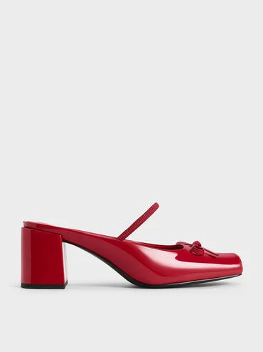 Red Bow Square-Toe Block-Heel Ballet Mules | CHARLES & KEITH UK | Charles & Keith UK