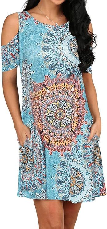 OFEEFAN Women's Cold Shoulder Tunic Top T-Shirt Swing Dress with Pockets | Amazon (US)